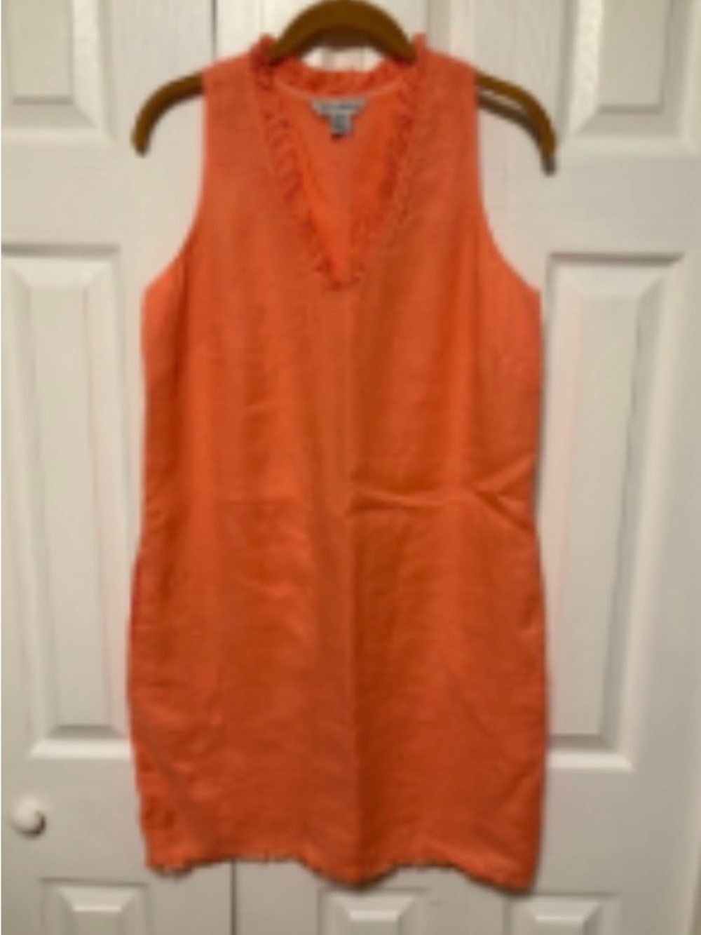 Tommy Bahama Sleeveless Peach Ruffle V-Neck 100% Linen Dress with Raw Edge Hem